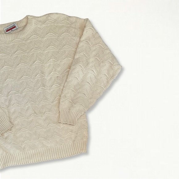 Vintage 80s 90s Checkpoint 3D Textured Chunky Knit Crewneck Sweater Cream - Picture 3 of 12